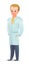 Little boy in autumn cloak. Teen in warm clothes for rain. Cheerful person. Standing pose. Cartoon comic style flat