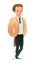 Little boy in autumn cloak. Teen in warm clothes for rain. Cheerful person. Standing pose. Cartoon comic style flat