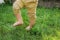 Little boy bare feet walk on fresh green grass