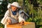 Little boy beekeeper works on an apiary at hive