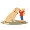 Little boy and with big fluffy brown dog friend, companion