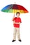 Little boy in with big multicolored umbrella