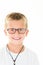 Little boy blond with glasses portrait wear white