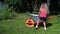 Little boy brother and his blond cute sister climbing into garden wheelbarrow.