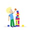 Little boy building a big tower of colorful cubes. A child plays. Young builder. Flat character isolated on white