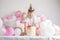 Little boy with Cake . Small child with party balloons, celebration. Birthday, happiness, childhood, look
