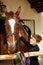 Little boy caressing horse