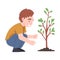Little Boy Caring of Tree Sapling Growing in Soil Vector Illustration