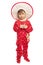 Little boy in a carnival costume of mushroom fly agaric on a white background
