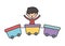 Little boy cartoon character playing in train wagons toy