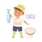 Little Boy Catching Fish Demonstrating Vocabulary and Verb Studying Vector Illustration