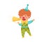 Little Boy Character Dressed in Fancy Clown Costume Talking Megaphone or Loudspeaker Vector Illustration