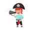 Little Boy Character Dressed in Pirate Costume Talking Megaphone or Loudspeaker Vector Illustration