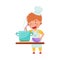 Little Boy Character in Hat and Apron Standing at Kitchen and Cooking Soup Vector Illustration