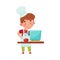 Little Boy Character in Hat and Apron Standing at Kitchen and Cooking Soup Vector Illustration