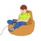 Little boy character playing video game. Kid sitting on a beanbag chair with joystick game controller. Vector cartoon gamer