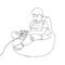Little boy character playing video game. Kid sitting on a beanbag chair with joystick game controller. Vector line drawing gamer