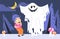 Little boy character scared of big ghost scene flat style, vector illustration