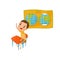 Little boy character studying geography at lesson, preschool activities and early childhood education concept vector