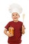 Little boy chef with a jar of canned fruit