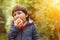 Little boy child kid eating apple fruit autumn fall copyspace na