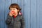 Little boy child kid eating apple fruit smiling healthy