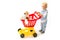 Little boy child in toy shop. savings on purchases. shopping for children. little boy go shopping with full cart. happy