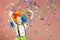 Little boy in clown wig jumping and having fun celebrating birth