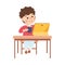 Little Boy with Coffee Mug at Tablet PC Sitting Using Smart Technology Vector Illustration