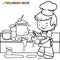 Little boy cooking in the kitchen. Vector black and white coloring page