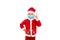 Little boy in a costume of Santa Claus and in a medical mask raised his index stick up