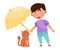 Little Boy Covering Cat with Umbrella Protecting Vector Illustration