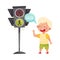 Little Boy Crossing Road at Green Light Vector Illustration