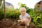 Little boy dig shoveling in backyard at summer sunny day. Mommy little helper