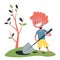 Little boy digging dirt with a shovel. Child gardening
