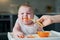 Little boy doesn`t want to eat pumpkin puree