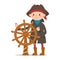 Little boy dressed as sailor, pirate captain holding ship wheel