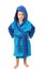 Little boy dressing blue bathrobe, smiling, isolated on white