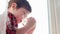 Little boy drinking water from glass, thirsty kid, closeup portrait, water for children health care