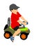 Little boy driving mini car vector illustration. Child with toy automobile. Kid driving pedal car. Happy toddler playing outdoor.