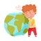 Little Boy Embracing Globe Sphere as Protection Sign Vector Illustration