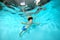 A little boy is engaged in underwater sports in the pool. Swims under water like a bird and looks forward.