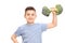 Little boy exercising with a broccoli dumbbell