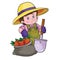 little boy in a farmer\\\'s suit with a straw hat standing next to a bag of vegetables,