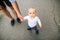 Little boy with father making first steps in nature.