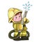 little boy in a firefighter costume and with a hose in his hands from which water flows,
