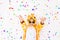 Little boy in a fun bright giraffe costume on a white isolated background with confetti, children`s birthday, place for text