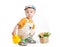 Little boy in gardener uniform sitting on white background