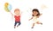 Little Boy and Girl Carrying Balloons and Catching Butterfly with Net Having Happy Childhood Vector Set