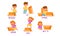 Little Boy and Girl with Carton Box as Prepositions of Place Demonstration Vector Set